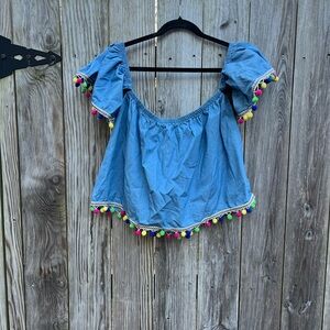 SAN JOY Denim Off Shoulder Pom Pom Top Women’s Medium